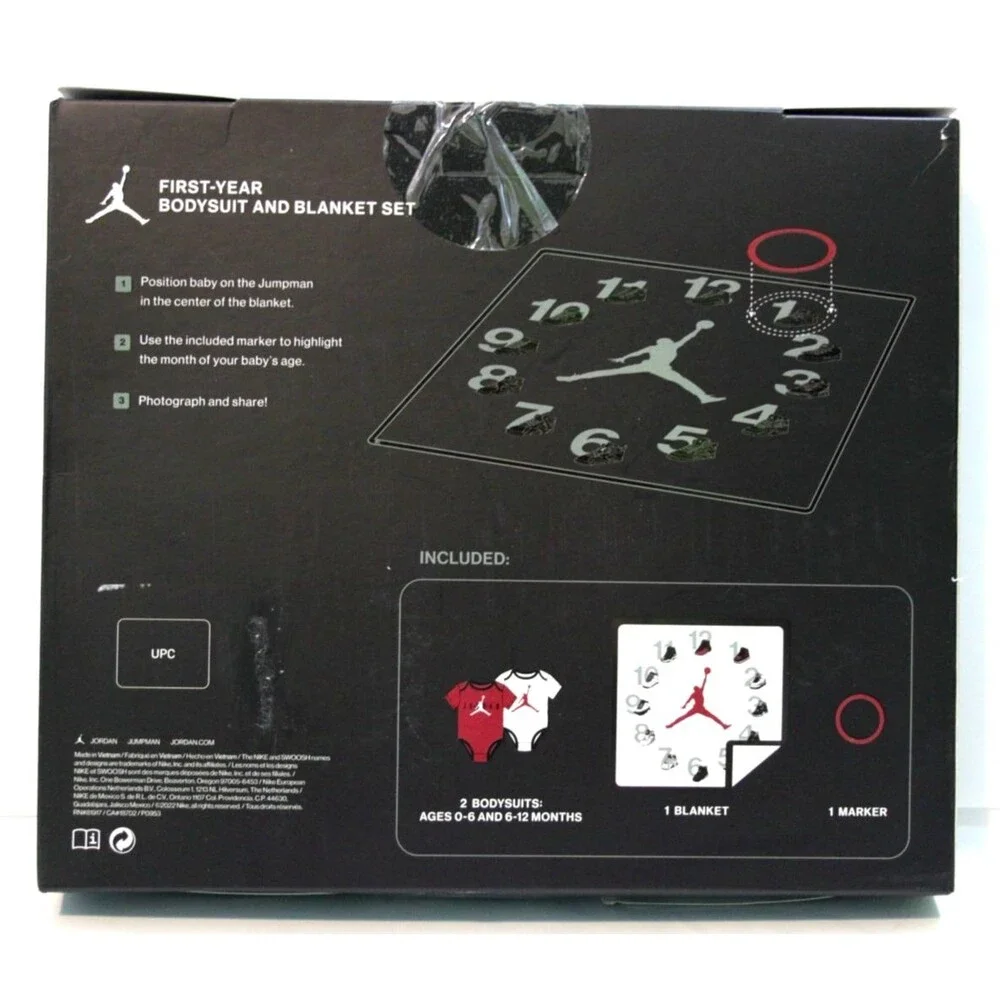 Nike Air Jordan First Year Baby 3 Piece Bodysuit Blanket Set Infant Outfit Gift